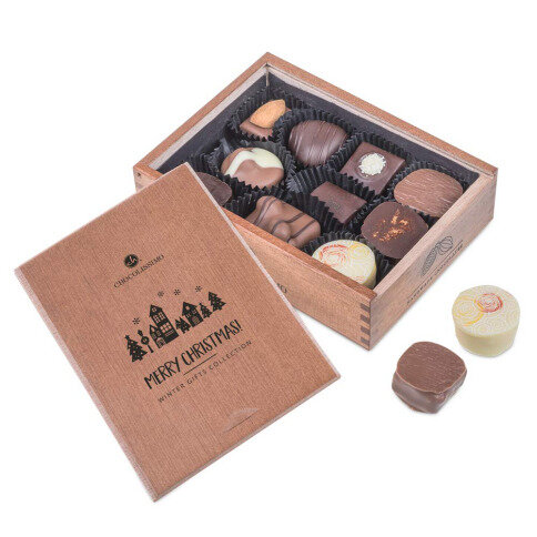 čokoláda, pralinky v drevených škatuľkách, luxusný vianočný darček, luxusné pralinky, firemné darčeky, vianočné darčeky s personalizáciou, pralinky bez alkoholu