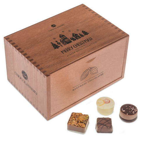 čokoládové pralinky v drevených škatuľkách, luxusný vianočný darček, luxusné pralinky, firemné darčeky, vianočné darčeky s personalizáciou, pralinky bez alkoholu