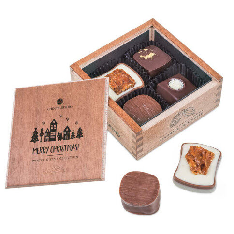čokoláda, pralinky v drevených škatuľkách, luxusný vianočný darček, luxusné pralinky, firemné darčeky, vianočné darčeky s personalizáciou, pralinky bez alkoholu