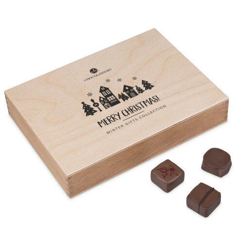 pralinky v drevených škatuľkách, luxusné vianočný darček, luxusné pralinky, firemné darčeky, vianočné darčeky s personalizáciou,