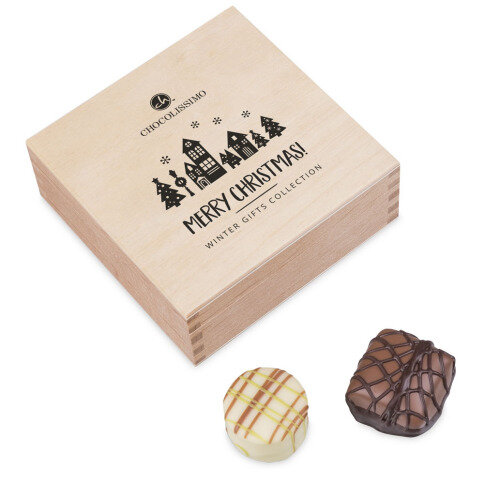 pralinky v drevených škatuľkách, luxusné vianočný darček, luxusné pralinky, firemné darčeky, vianočné darčeky s personalizáciou,