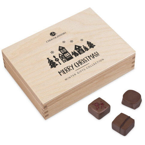 pralinky v drevených škatuľkách, luxusné vianočný darček, luxusné pralinky, firemné darčeky, vianočné darčeky s personalizáciou,