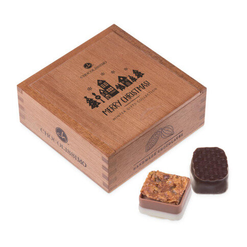 čokoláda, pralinky v drevených škatuľkách, luxusný vianočný darček, luxusné pralinky, firemné darčeky, vianočné darčeky s personalizáciou, pralinky bez alkoholu
