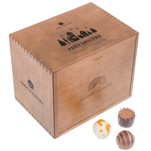 pralinky v drevených škatuľkách, luxusné vianočný darček, luxusné pralinky, firemné darčeky, vianočné darčeky s personalizáciou,