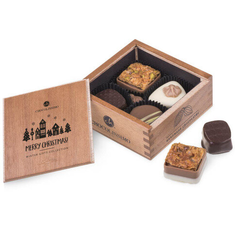 pralinky v drevených škatuľkách, luxusné vianočný darček, luxusné pralinky, firemné darčeky, vianočné darčeky s personalizáciou,
