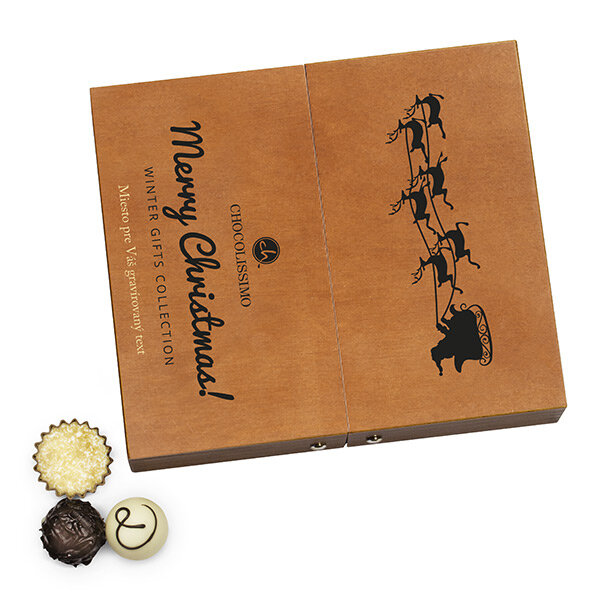 pralinky v drevených škatuľkách, luxusné vianočný darček, luxusné pralinky, firemné darčeky, vianočné darčeky s personalizáciou,