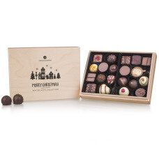 pralinky v drevených škatuľkách, luxusné vianočný darček, luxusné pralinky, firemné darčeky, vianočné darčeky s personalizáciou,