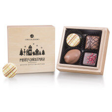 pralinky v drevených škatuľkách, luxusné vianočný darček, luxusné pralinky, firemné darčeky, vianočné darčeky s personalizáciou,
